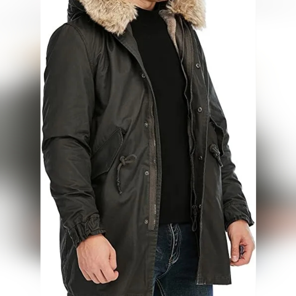 TIENFOOK Unisex Parka Jacket Winter Coat Olive XS Hoodie With Removable Faux Fur